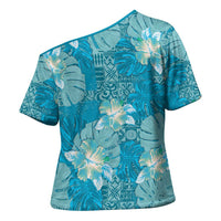 Hawaii Cross Shoulder Shirt Teal Polynesian Monstera Patterns - Polynesian Pride