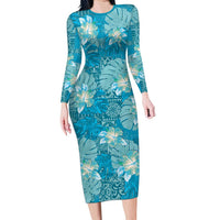 Hawaii Family Matching Long Sleeve Bodycon Dress and Hawaiian Shirt Teal Polynesian Monstera Patterns - Polynesian Pride