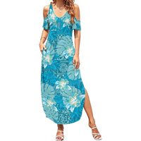 Hawaii Family Matching Summer Maxi Dress and Hawaiian Shirt Teal Polynesian Monstera Patterns DT05 Mom's Dress Teal - Polynesian Pride