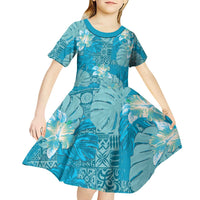 Hawaii Kid Short Sleeve Dress Teal Polynesian Monstera Patterns - Polynesian Pride