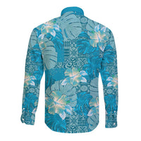 Hawaii Long Sleeve Button Shirt Teal Polynesian Monstera Patterns - Polynesian Pride