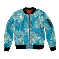 Hawaii Sleeve Zip Bomber Jacket Teal Polynesian Monstera Patterns - Polynesian Pride