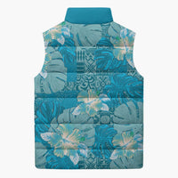 Hawaii Sleeveless Puffer Jacket Teal Polynesian Monstera Patterns - Polynesian Pride