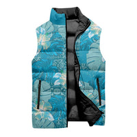 Hawaii Sleeveless Puffer Jacket Teal Polynesian Monstera Patterns - Polynesian Pride