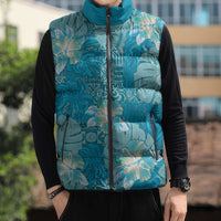 Hawaii Sleeveless Puffer Jacket Teal Polynesian Monstera Patterns - Polynesian Pride