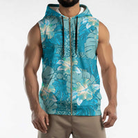 Hawaii Sleeveless Zip Hoodie Teal Polynesian Monstera Patterns DT05 - Polynesian Pride
