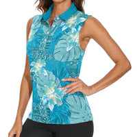 Hawaii Women Sleeveless Polo Shirt Teal Polynesian Monstera Patterns - Polynesian Pride