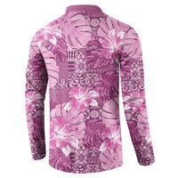 Hawaii Button Sweatshirt Magenta Polynesian Monstera Patterns - Polynesian Pride