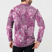 Hawaii Button Sweatshirt Magenta Polynesian Monstera Patterns - Polynesian Pride