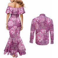 Hawaii Couples Matching Mermaid Dress and Long Sleeve Button Shirt Magenta Polynesian Monstera Patterns DT05 - Polynesian Pride