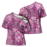 Hawaii Cross Shoulder Shirt Magenta Polynesian Monstera Patterns - Polynesian Pride