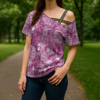 Hawaii Cross Shoulder Shirt Magenta Polynesian Monstera Patterns - Polynesian Pride