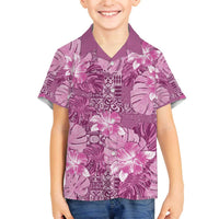 Hawaii Family Matching Off The Shoulder Long Sleeve Dress and Hawaiian Shirt Magenta Polynesian Monstera Patterns - Polynesian Pride