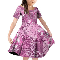 Hawaii Family Matching Off Shoulder Short Dress and Hawaiian Shirt Magenta Polynesian Monstera Patterns DT05 Daughter's Dress Magenta - Polynesian Pride