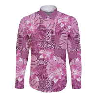 Hawaii Long Sleeve Button Shirt Magenta Polynesian Monstera Patterns - Polynesian Pride