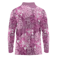 Hawaii Long Sleeve Polo Shirt Magenta Polynesian Monstera Patterns - Polynesian Pride