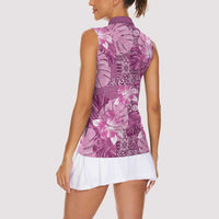 Hawaii Women Sleeveless Polo Shirt Magenta Polynesian Monstera Patterns - Polynesian Pride