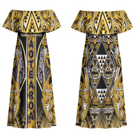 Aotearoa Ngati Whatua Couples Matching Off Shoulder Maxi Dress and Long Sleeve Button Shirt Maori Tribal Gold Paua Shell Pattern DT05 - Polynesian Pride