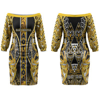 Aotearoa Ngati Whatua Couples Matching Off The Shoulder Long Sleeve Dress and Long Sleeve Button Shirt Maori Tribal Gold Paua Shell Pattern DT05 - Polynesian Pride