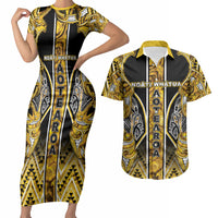 Aotearoa Ngati Whatua Couples Matching Short Sleeve Bodycon Dress and Hawaiian Shirt Maori Tribal Gold Paua Shell Pattern DT05 Yellow - Polynesian Pride