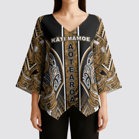 Aotearoa Kati Mamoe Kimono Sleeve Blouse Maori Brown Tribal Paua Shell Pattern DT05 - Polynesian Pride