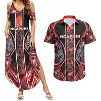 Aotearoa Ngapuhi Couples Matching Summer Maxi Dress and Hawaiian Shirt Maori Red Tribal Paua Shell Pattern DT05 Red - Polynesian Pride