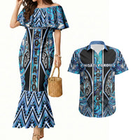 Aotearoa Ngati Porou Couples Matching Mermaid Dress and Hawaiian Shirt Maori Light Blue Tribal Paua Shell Pattern DT05 Blue - Polynesian Pride