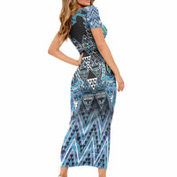 Aotearoa Ngati Porou Short Sleeve Bodycon Dress Maori Light Blue Tribal Paua Shell Pattern DT05 - Polynesian Pride