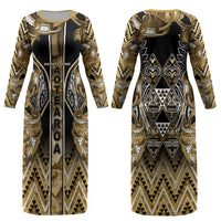 Aotearoa Waikato Tainui Couples Matching Long Sleeve Bodycon Dress and Long Sleeve Button Shirt Maori Light Gold Tribal Paua Shell Pattern DT05 - Polynesian Pride