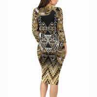 Aotearoa Waikato Tainui Long Sleeve Bodycon Dress Maori Light Gold Tribal Paua Shell Pattern DT05 - Polynesian Pride