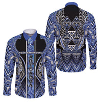 Aotearoa Ngati Kahungunu Family Matching Puletasi and Hawaiian Shirt Maori Tribal Blue Paua Shell Pattern DT05 Dad's Shirt - Long Sleeve Blue - Polynesian Pride