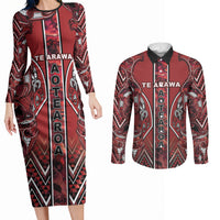 Aotearoa Te Arawa Couples Matching Long Sleeve Bodycon Dress and Long Sleeve Button Shirt Maori Tribal Dark Red Paua Shell Pattern DT05 Red - Polynesian Pride