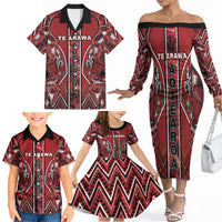 Aotearoa Te Arawa Family Matching Off The Shoulder Long Sleeve Dress and Hawaiian Shirt Maori Tribal Dark Red Paua Shell Pattern DT05 - Polynesian Pride