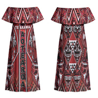 Aotearoa Te Arawa Family Matching Off Shoulder Maxi Dress and Hawaiian Shirt Maori Tribal Dark Red Paua Shell Pattern DT05 Mom's Dress Red - Polynesian Pride