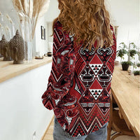 Aotearoa Te Arawa Women Casual Shirt Maori Tribal Dark Red Paua Shell Pattern DT05 - Polynesian Pride