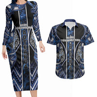 Aotearoa Tuwharetoa Couples Matching Long Sleeve Bodycon Dress and Hawaiian Shirt Maori Tribal Navy Paua Shell Pattern DT05 Navy - Polynesian Pride