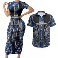 Aotearoa Tuwharetoa Couples Matching Short Sleeve Bodycon Dress and Hawaiian Shirt Maori Tribal Navy Paua Shell Pattern DT05 Navy - Polynesian Pride