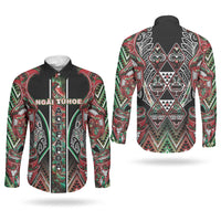 Aotearoa Ngai Tuhoe Couples Matching Mermaid Dress and Long Sleeve Button Shirt Maori Tribal Red And Green Paua Shell Pattern DT05 - Polynesian Pride