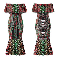 Aotearoa Ngai Tuhoe Couples Matching Mermaid Dress and Long Sleeve Button Shirt Maori Tribal Red And Green Paua Shell Pattern DT05 - Polynesian Pride