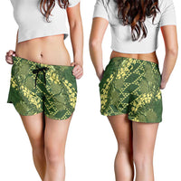 Green Aloha Hawaii Shorts for Women Hawaiian Kakau Ohia Lehua Lei - Polynesian Pride
