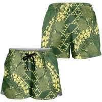 Green Aloha Hawaii Shorts for Women Hawaiian Kakau Ohia Lehua Lei - Polynesian Pride