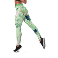 Green Palaka Crane and Flowers Leggings Japan Heritage Spirit - Polynesian Pride