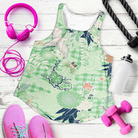 Green Palaka Crane and Flowers Women Racerback Tank Japan Heritage Spirit - Polynesian Pride