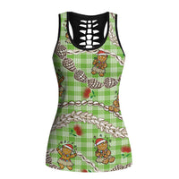 Green Palaka Hawaii Mele Kalikimaka Hollow Tank Top Ohia Lehua Shell Leis Funny Gingerbread Santa - Polynesian Pride