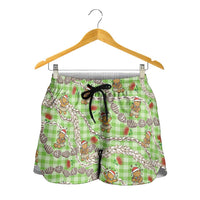 Green Palaka Hawaii Mele Kalikimaka Shorts for Women Ohia Lehua Shell Leis Funny Gingerbread Santa - Polynesian Pride