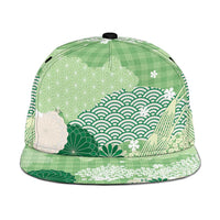 Green Palaka Japanese Traditional Snapback Cap Asanoha Seigaiha Sakura Motif - Polynesian Pride