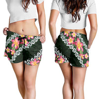Green Polynesia Shorts for Women Plumeria With Hibiscus Pattern Tropical Vibes - Polynesian Pride