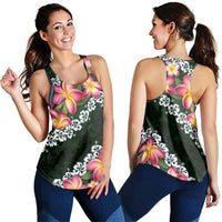 Green Polynesia Women Racerback Tank Plumeria With Hibiscus Pattern Tropical Vibes - Polynesian Pride
