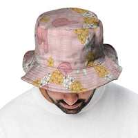 Hawaii Anthurium Tiare Pikake Lei Bucket Hat Akala Lauhala Art Pattern