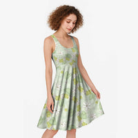 Hawaii Anthurium Tiare Pikake Lei Midi Dress Sage Green Lauhala Art Pattern